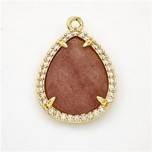 Natural Pink Strawberry Quartz Teardrop Pendant Copper Pave Zirconia Gold Plated, approx 15-18mm [GM24355]