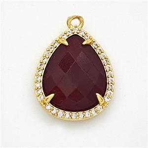 Darkred Dye Jade Teardrop Pendant Copper Pave Zirconia Gold Plated, approx 15-18mm [GM24357]