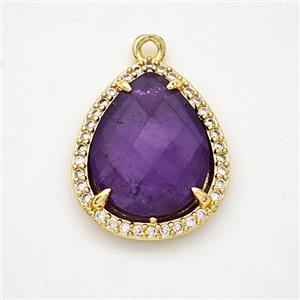 Natural Purple Amethyst Teardrop Pendant Copper Pave Zirconia Gold Plated, approx 15-18mm [GM24359]
