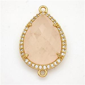 Pink Rose Quartz Teardrop Connector Copper Pave Zirconia Gold Plated, approx 16-20mm [GM24372]
