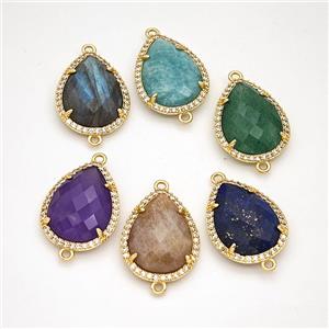 Natural Gemstone Teardrop Connector Copper Pave Zirconia Gold Plated Mixed, approx 16-20mm [GM24380]