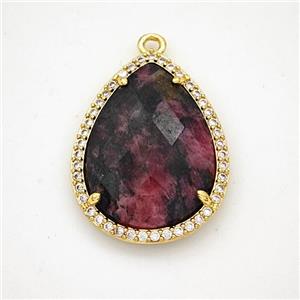 Rhodonite Teardrop Pendant Copper Pave Zirconia Gold Plated, approx 19-25mm [GM24390]