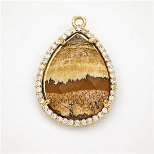 Picture Jasper Teardrop Pendant Copper Pave Zirconia Gold Plated, approx 19-25mm [GM24391]