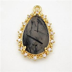 Black Rutilated Quartz Teardrop Pendant Copper Pave Zirconia Gold Plated, approx 15-20mm [GM24398]