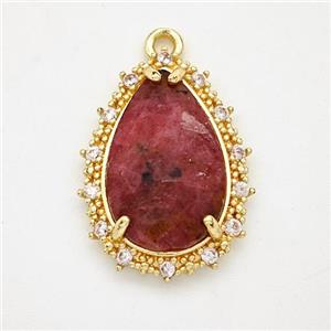 Red Rhodonite Teardrop Pendant Copper Pave Zirconia Gold Plated, approx 15-20mm [GM24400]