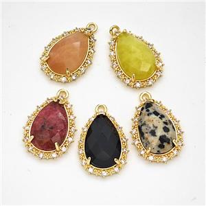 Natural Gemstone Teardrop Pendant Copper Pave Zirconia Gold Plated Mixed, approx 15-20mm [GM24401]