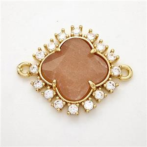 Natural Peach Moonstone Clover Connector Copper Pave Zirconia Gold Plated, approx 20mm [GM24402]