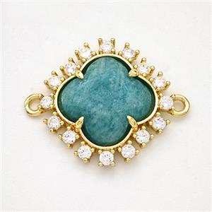 Natural Green Amazonite Clover Connector Copper Pave Zirconia Gold Plated, approx 20mm [GM24403]