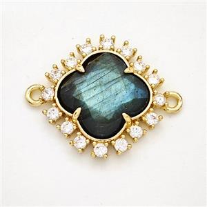 Natural Labradorite Clover Connector Copper Pave Zirconia Gold Plated, approx 20mm [GM24404]