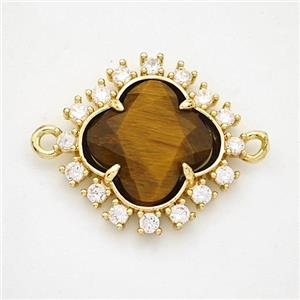 Natural Tiger Eye Stone Clover Connector Copper Pave Zirconia Gold Plated, approx 20mm [GM24405]