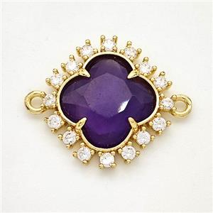 Natural Purple Amethyst Clover Connector Copper Pave Zirconia Gold Plated, approx 20mm [GM24406]