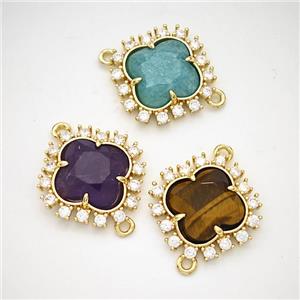 Natural Gemstone Clover Connector Copper Pave Zirconia Gold Plated Mixed, approx 20mm [GM24407]