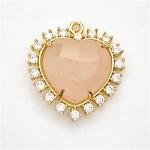 Natural Pink Rose Quartz Heart Pendant Copper Pave Zirconia Gold Plated, approx 20mm [GM24408]