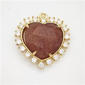 Natural Strawberry Quartz Heart Pendant Copper Pave Zirconia Gold Plated, approx 20mm [GM24410]