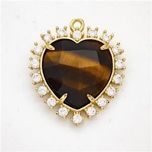 Natural Tiger Eye Stone Heart Pendant Copper Pave Zirconia Gold Plated, approx 20mm [GM24412]