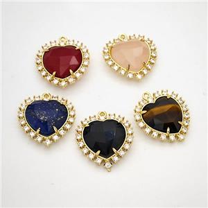 Natural Gemstone Heart Pendant Copper Pave Zirconia Gold Plated Mixed, approx 20mm [GM24414]