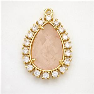 Pink Rose Quartz Teardrop Pendant Copper Pave Zirconia Gold Plated, approx 17-22mm [GM24416]