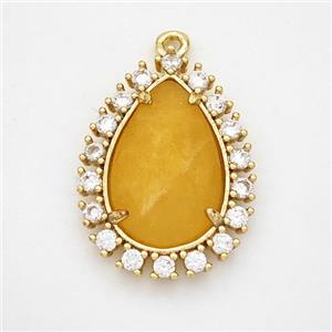 Golden Dye Jade Teardrop Pendant Copper Pave Zirconia Gold Plated, approx 17-22mm [GM24418]