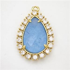 Blue Dye Jade Teardrop Pendant Copper Pave Zirconia Gold Plated, approx 17-22mm [GM24419]