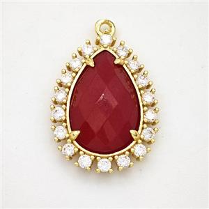 Red Dye Jade Teardrop Pendant Copper Pave Zirconia Gold Plated, approx 17-22mm [GM24420]