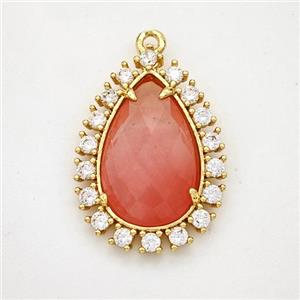 Pink Dye Jade Teardrop Pendant Copper Pave Zirconia Gold Plated, approx 17-22mm [GM24421]