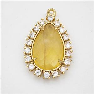 Yellow Dye Jade Teardrop Pendant Copper Pave Zirconia Gold Plated, approx 17-22mm [GM24422]