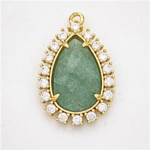 Green Strawberry Quartz Teardrop Pendant Copper Pave Zirconia Gold Plated, approx 17-22mm [GM24423]