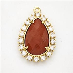 Red Jasper Teardrop Pendant Copper Pave Zirconia Gold Plated, approx 17-22mm [GM24425]