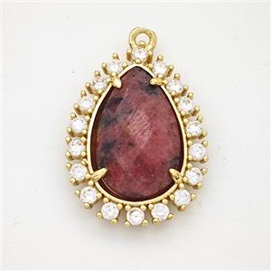 Red Rhodonite Teardrop Pendant Copper Pave Zirconia Gold Plated, approx 17-22mm [GM24426]