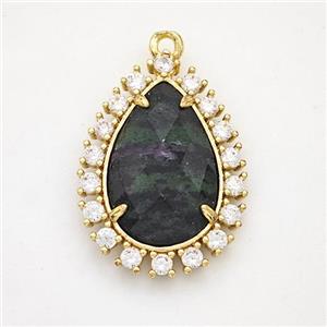 Green Zoisite Teardrop Pendant Copper Pave Zirconia Gold Plated, approx 17-22mm [GM24428]