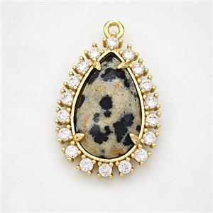 Black Dalmatian Jasper Teardrop Pendant Copper Pave Zirconia Gold Plated, approx 17-22mm [GM24429]