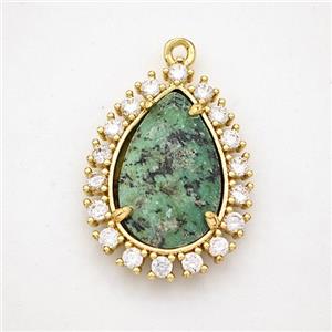 Green African Turquoise Teardrop Pendant Copper Pave Zirconia Gold Plated, approx 17-22mm [GM24430]
