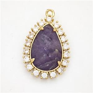 Purple Fluorite Teardrop Pendant Copper Pave Zirconia Gold Plated, approx 17-22mm [GM24432]