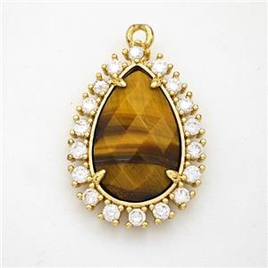 Tiger Eye Stone Teardrop Pendant Copper Pave Zirconia Gold Plated, approx 17-22mm [GM24435]