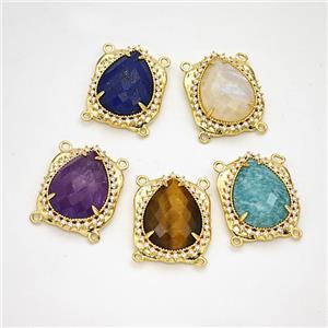 Natural Gemstone Teardrop Connector Copper Pave Zirconia Gold Plated Mixed, approx 18-22mm [GM24449]