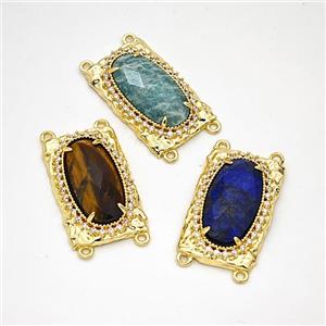 Natural Gemstone Oval Connector Copper Pave Zirconia Gold Plated Mixed, approx 16-26mm [GM24462]