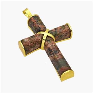 Natural Unakite Cross Pendant Alloy Gold Plated, approx 30-45mm [GM24483]