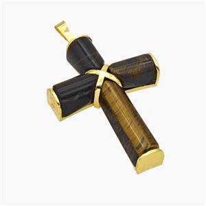 Natural Tiger Eye Stone Cross Pendant Alloy Gold Plated, approx 30-45mm [GM24484]