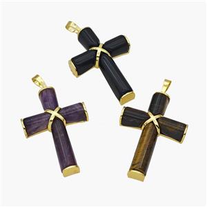 Natural Gemstone Cross Pendant Alloy Gold Plated Mixed, approx 30-45mm [GM24487]
