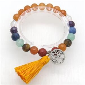 Chakra Bracelets with tassel, tree of life, aventurine, stretchy, approx 8mm dia [GMBR486]