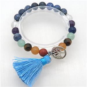 Chakra Bracelets with sodalite, tassel, tree of life, stretchy, approx 8mm dia [GMBR489]