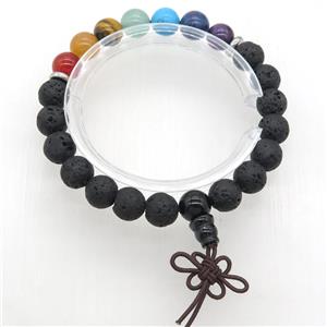 Chakra Bracelets with black Lava stone, guru, stretchy, approx 8mm dia [GMBR500]
