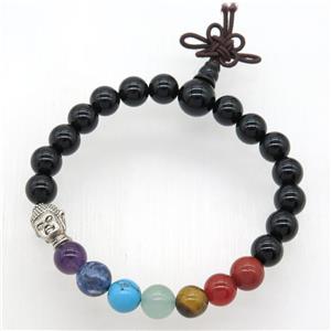 Chakra buddha Bracelets with black lava stone, stretchy, approx 8mm dia [GMBR504]