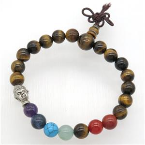 Chakra buddha Bracelets with tiger eye stone, stretchy, approx 8mm dia [GMBR505]