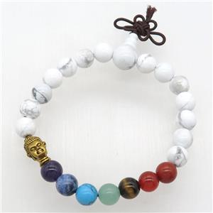 Chakra buddha Bracelets with white howlite, stretchy, approx 8mm dia [GMBR506]