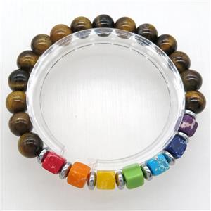 Chakra Bracelets with tiger eye stone, stretchy, approx 8mm dia [GMBR516]