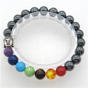 Chakra Bracelets with hematite, buddha, stretchy, approx 8mm dia [GMBR520]