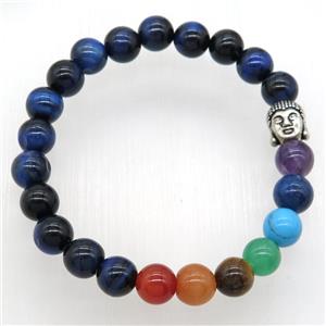 Chakra Bracelets with blue tiger eye stone, buddha, stretchy, approx 8mm dia [GMBR521]