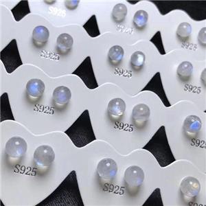 rainbow MoonStone Stud Earrings with 925 sterling silver, approx 6mm dia [GMER685]