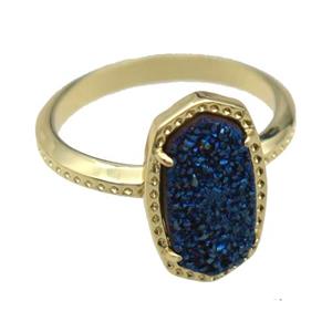 copper Rings with blue Quartz Druzy, gold plated, approx 8-14mm, 18mm dia [GR10196]